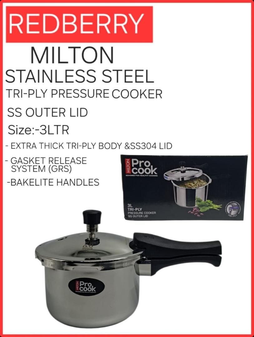 Redberry Milton procook Tri-ply stainless steel pressure cooker with induction base and bakelite handles
