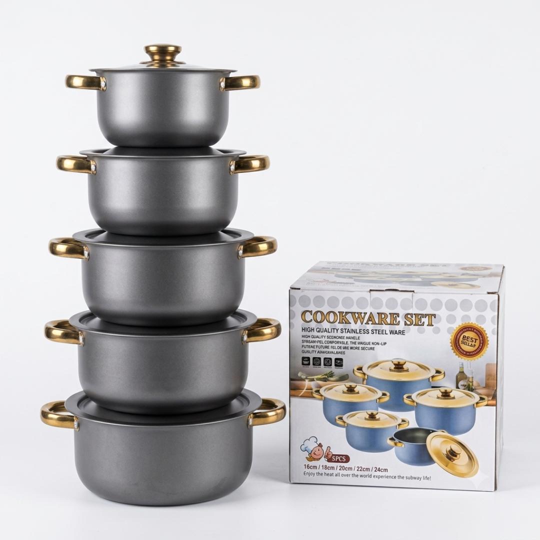 5pcs stainless steel cookware set with stainless steel lids with ergonomic handles, light weight cookware set suitable for induction, electric and gas cooking sizes 16cm,18cm, 20cm, 22cm and 24cm
