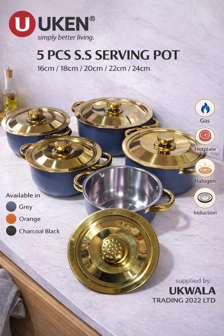5pcs stainless steel cookware set with stainless steel lids with ergonomic handles, light weight cookware set suitable for induction, electric and gas cooking sizes 16cm,18cm, 20cm, 22cm and 24cm