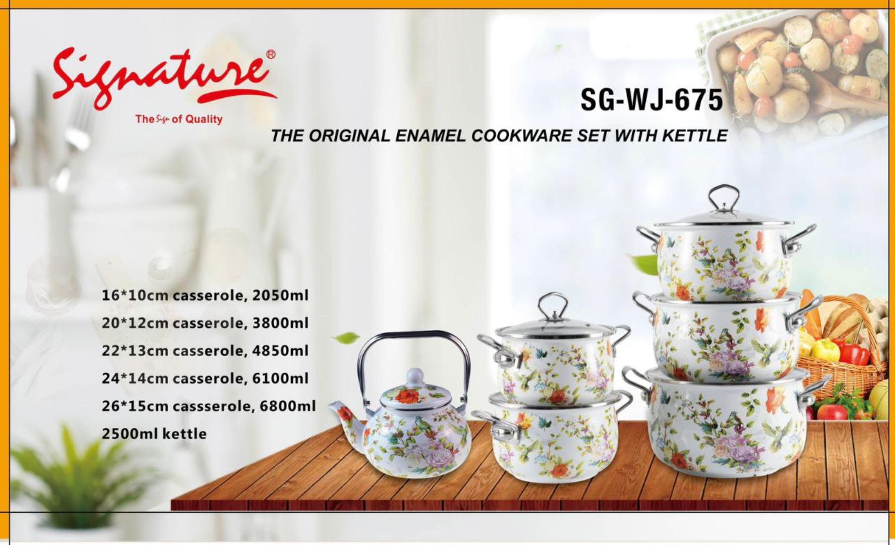 Signature 12pcs Enamel cookware set with kettle SGWJ-675 Signature Original enamel induction cookware set casserole (2050ml, 3800ml, 4850ml, 6100ml, 6800ml) and 2500ml kettle