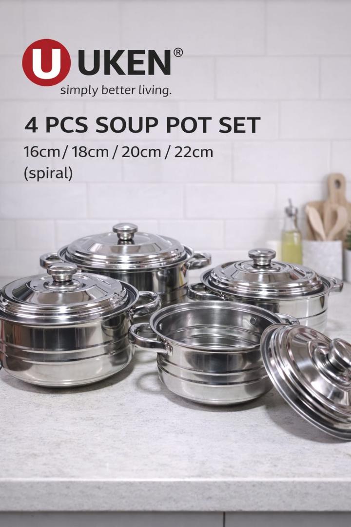 Uken 4pcs stainless steel soup pots / hotpots / serveware cookware set with lids sizes 16cm,18cm,20cm,22cm