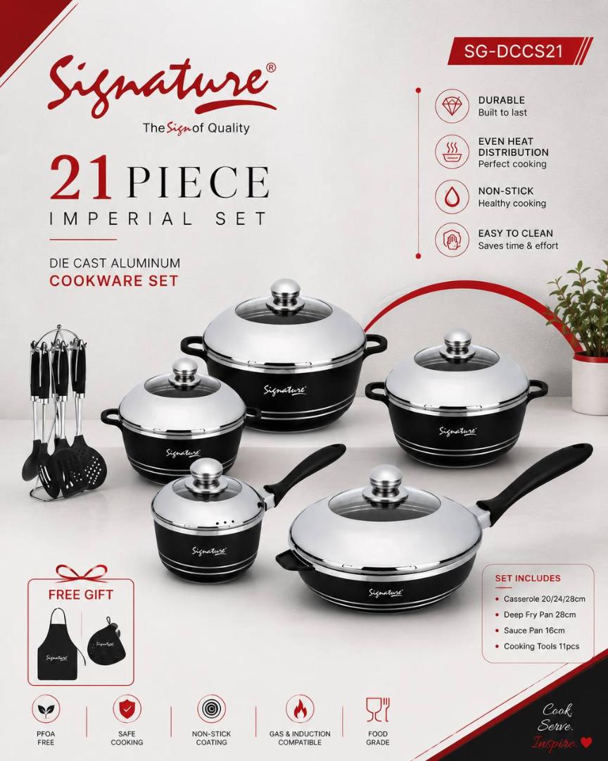Signature 21pcs Die cast Aluminium cookware set SG-DCCS21 Imperial non stick induction cookware Set casserole (20cm,24cm and 28cm) deep frying pan 28cm, 16cm frying pan and 11pcs cooking tools