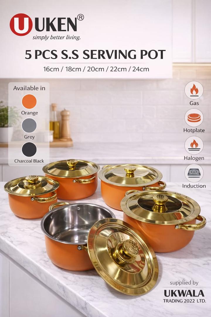 5pcs stainless steel cookware set with stainless steel lids with ergonomic handles, light weight cookware set suitable for induction, electric and gas cooking sizes 16cm,18cm, 20cm, 22cm and 24cm