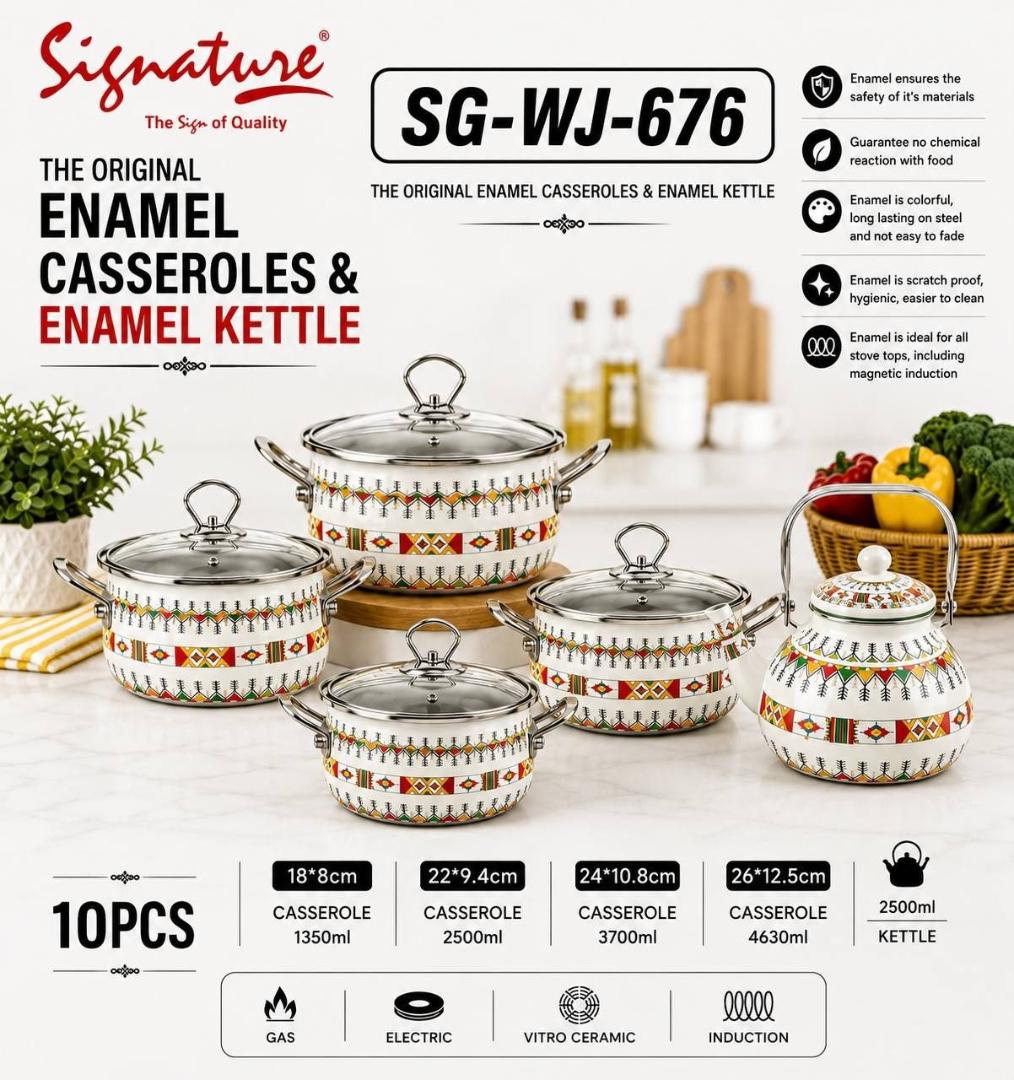 Signature 10pcs Enamel cookware set with kettle SGWJ-676 Original enamel cookware set suitable for induction , electric ,gas and ceramic surfaces 1350ml, 2500ml, 3700ml, 4630ml, and 2500ml kettle
