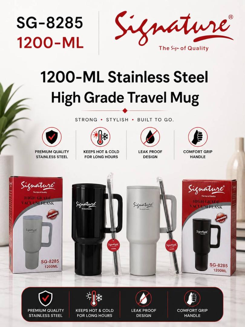 Signature SG-8285 1200ML Stainless Steel Travel Mug / Tumbler / Flask / cup with Re-usable Straw Extra Large, Leak-Proof & Vacuum Insulated