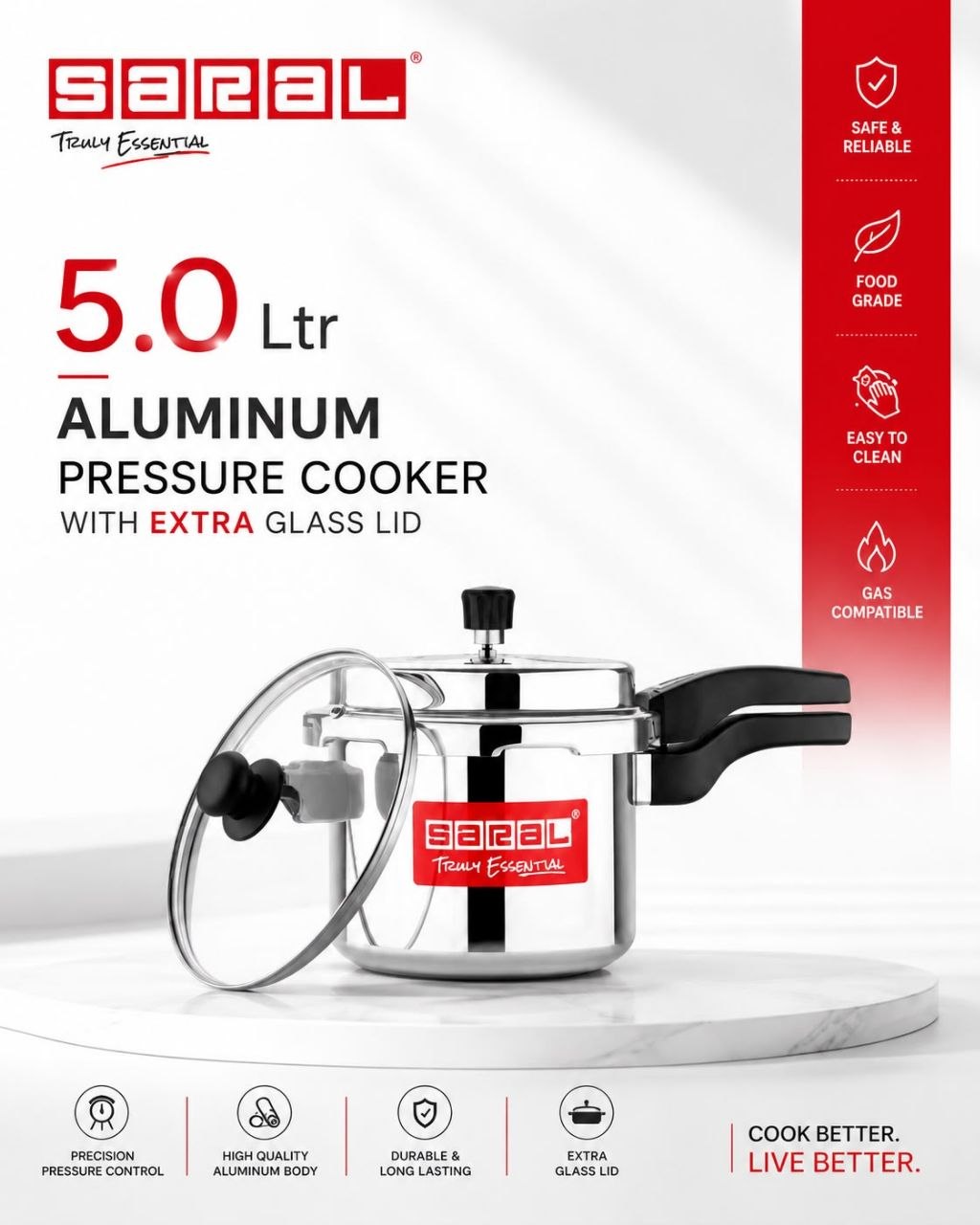 Signature Saral 5L Aluminium pressure cooker with glass lid Heavy Duty, Fast Cooking, Excellent Quality, Safe for Home Kitchen Use