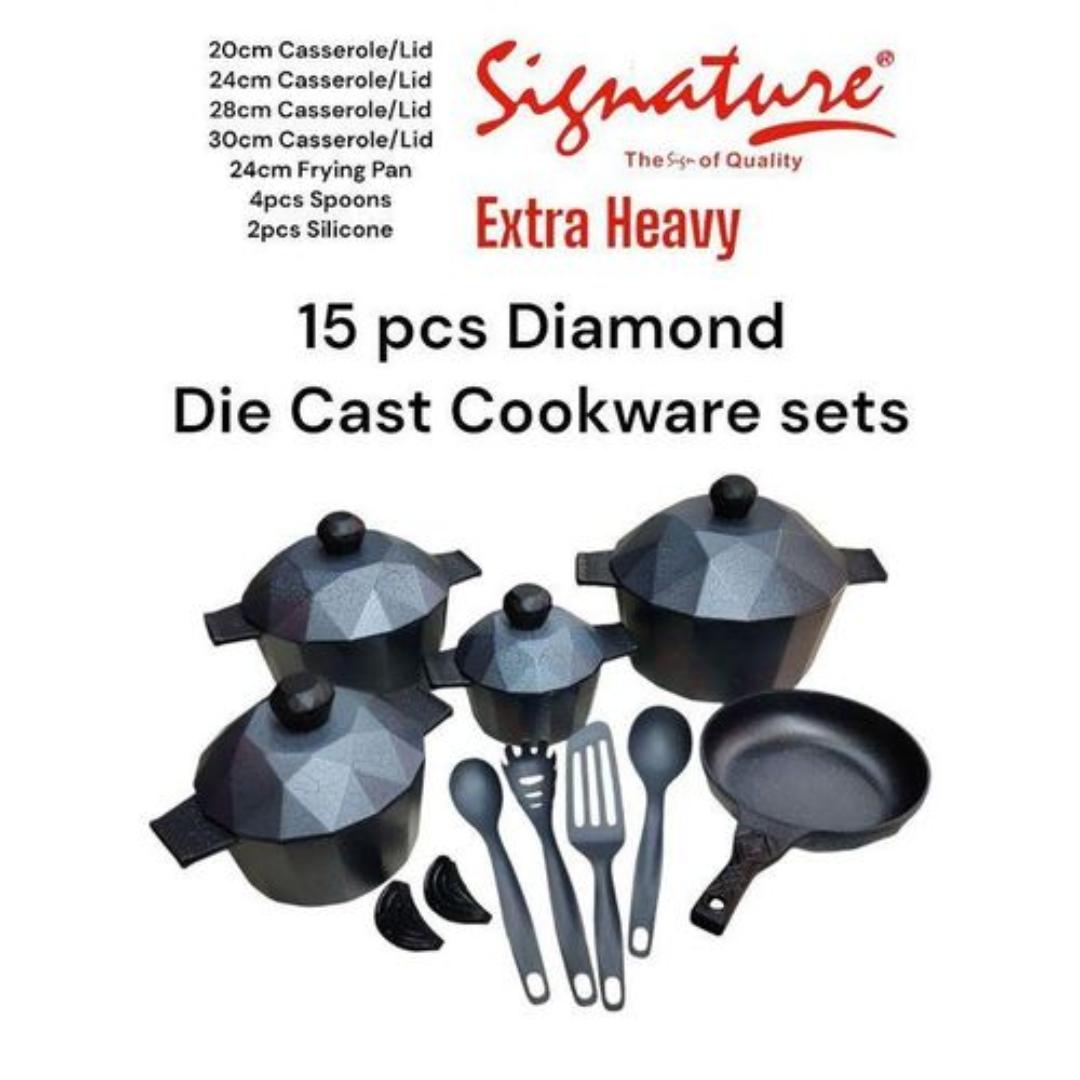 Signature 15pcs Die cast Aluminium cookware set Diamond shaped cookware set 20cm,24cm,28cm and 30cm pots ,24cm frying pan, 4pcs kitchen utensils and 2pcs silicone handles