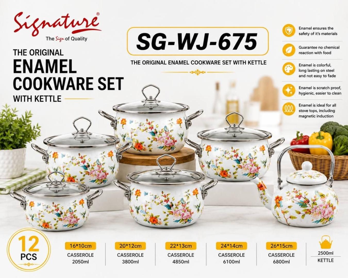 Signature 12pcs Enamel cookware set with kettle SGWJ-675 Signature Original enamel induction cookware set casserole (2050ml, 3800ml, 4850ml, 6100ml, 6800ml) and 2500ml kettle