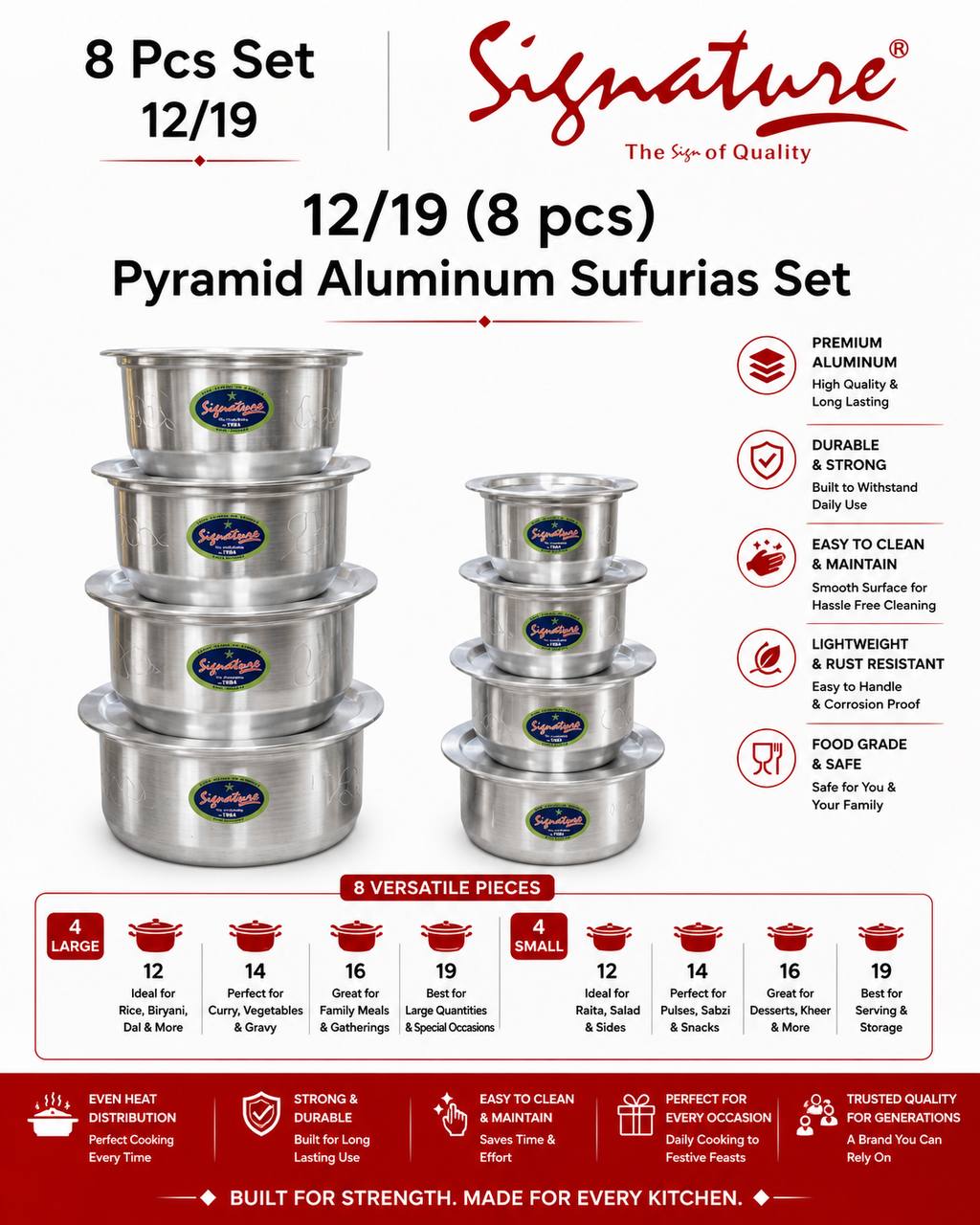 Signature 8pcs pyramid Aluminium Sufurias set 12-19 with lids suitable for all types of cooking firewood, charcoal gas and electric hobs