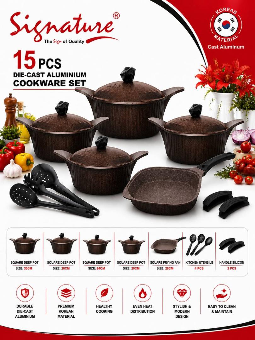 Signature 15pcs Die cast Aluminium cookware set Square shaped cookware set Square pots(20cm,24cm, 28cm and 30cm) ,28cm square frying pan, 4pcs kitchen utensils and 2pcs silicone handles