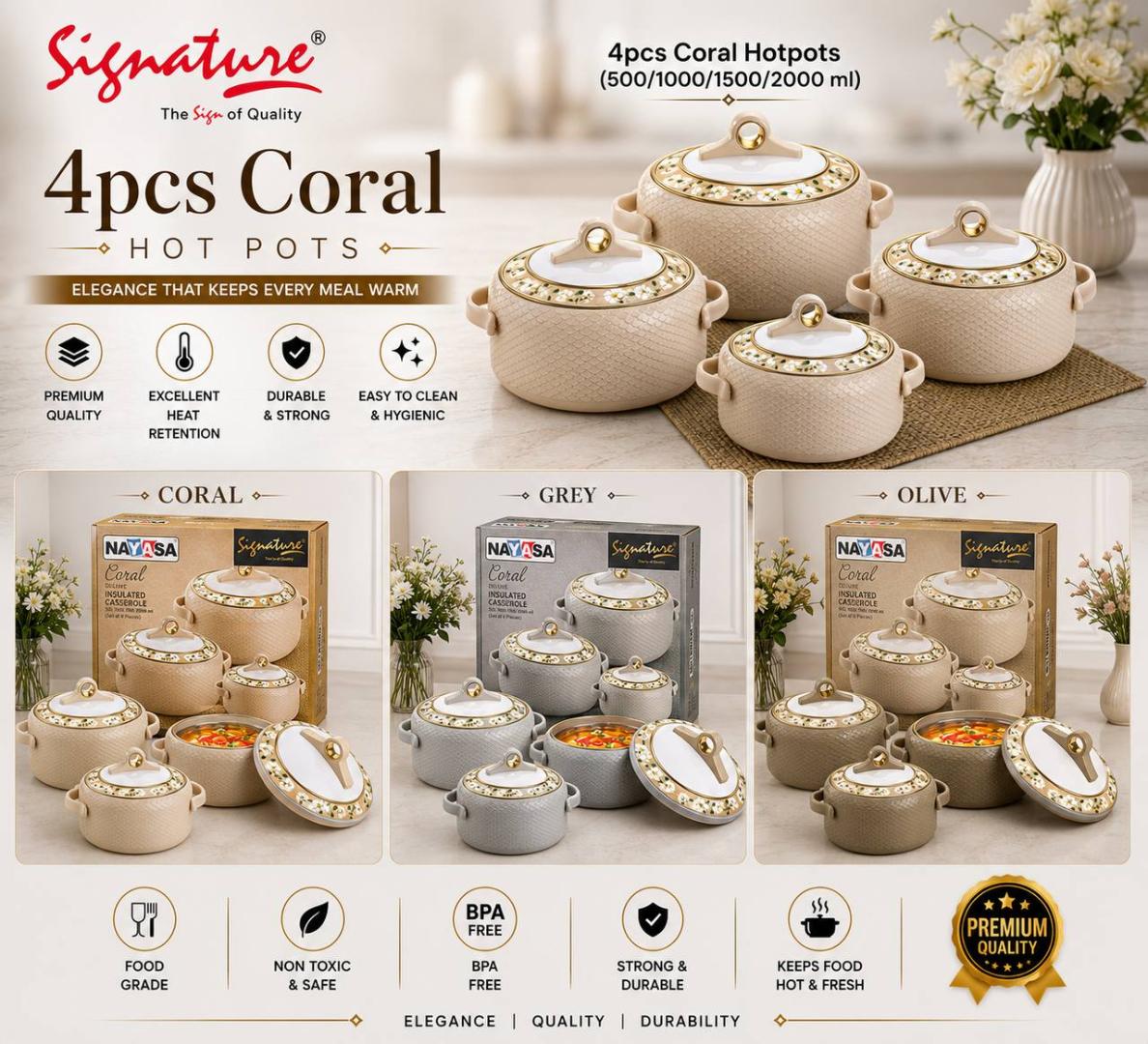 Signature 4pcs Coral hotpots with excellent heat retention 500ml, 1000ml, 1500ml and  2000ml capacity Elegant design stylish signature hotpots