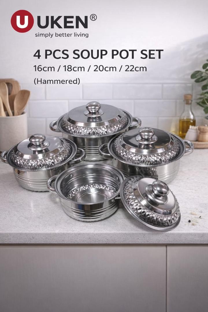 Uken 4pcs stainless steel soup pots / hotpots / serveware cookware set with lids sizes 16cm,18cm,20cm,22cm