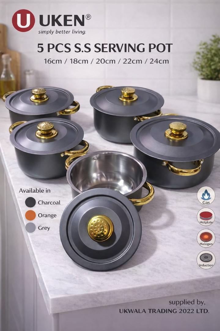 5pcs stainless steel cookware set with stainless steel lids with ergonomic handles, light weight cookware set suitable for induction, electric and gas cooking sizes 16cm,18cm, 20cm, 22cm and 24cm
