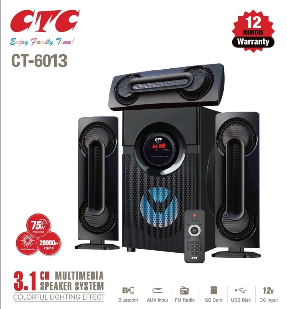 CTC CT-6013 3.1CH Subwoofer speaker system with colourful lighting effect with FM radio, Bluetooth, USB port , Auxiliary and remote control 20000W PMPO 12V DC input