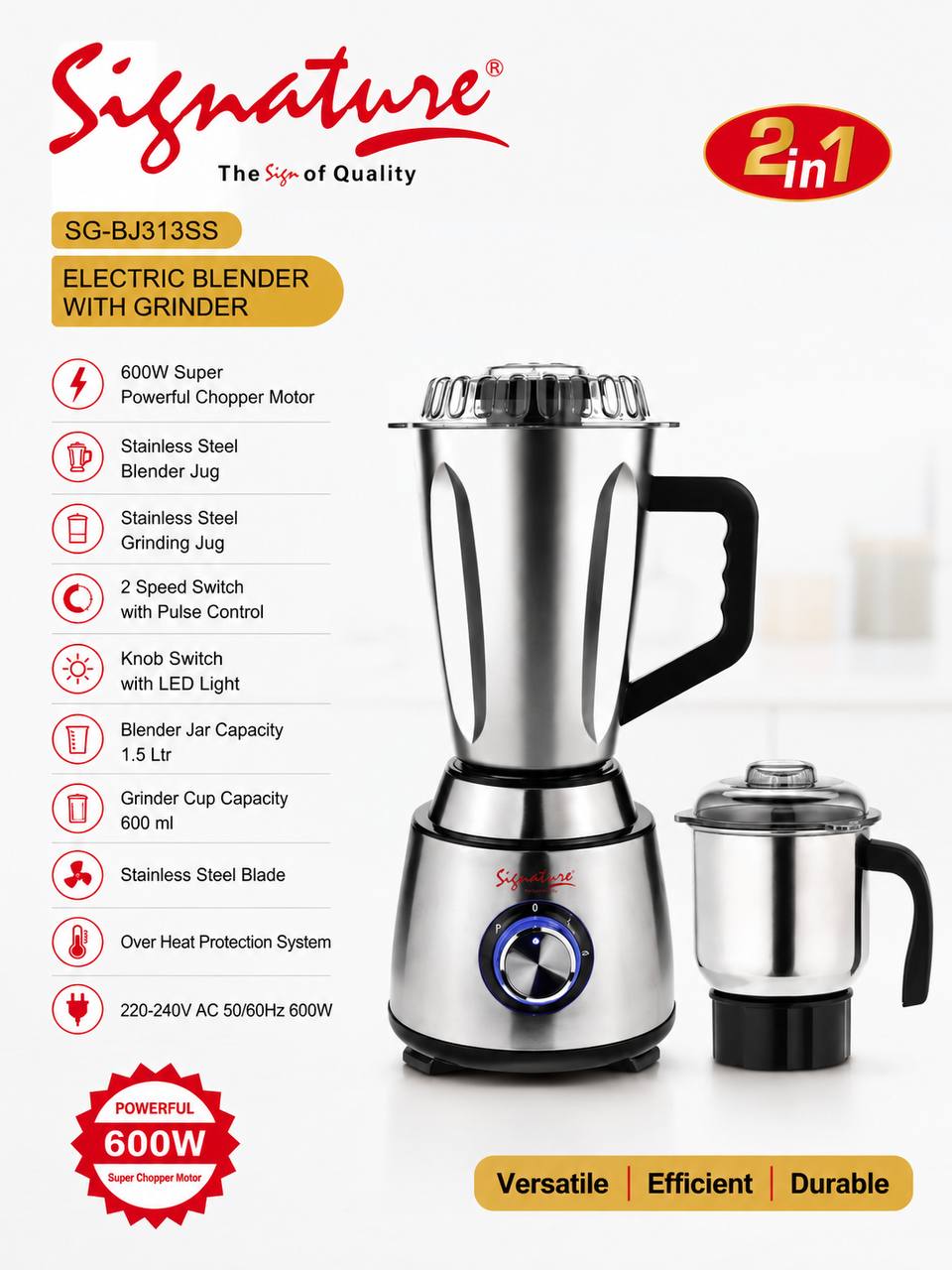 Signature 2 in 1 Blender SG-BJ313G with Stainless Steel 1.5L Jar 600W signature blender with aluminium body and grinder