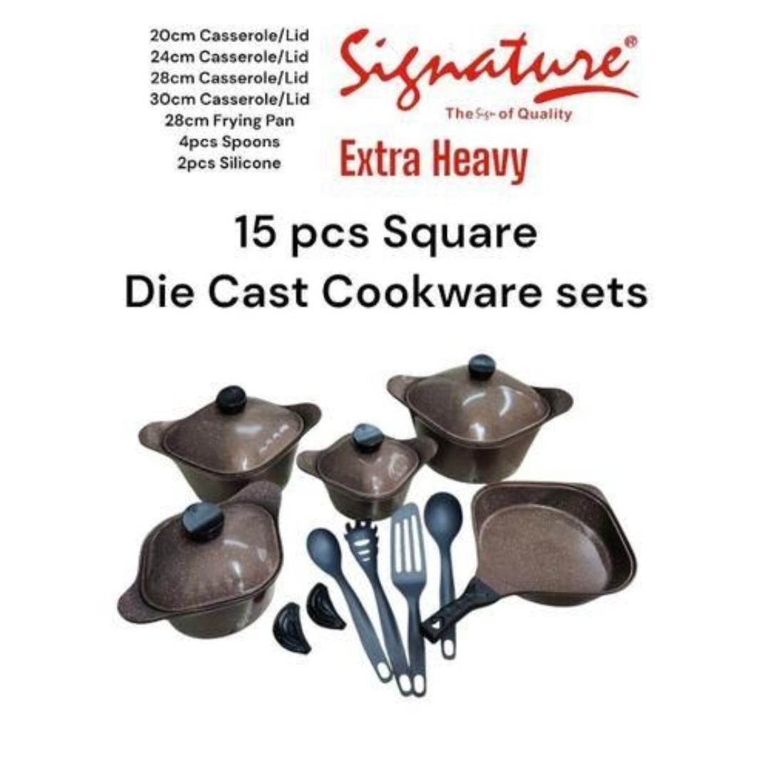 Signature 15pcs Die cast Aluminium cookware set Square shaped cookware set Square pots(20cm,24cm, 28cm and 30cm) ,28cm square frying pan, 4pcs kitchen utensils and 2pcs silicone handles
