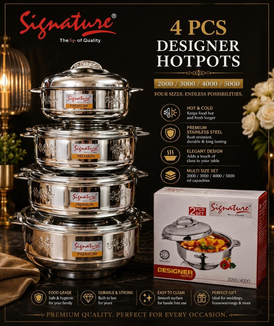 Signature 4pcs Designer hotpots stainless steel insulated hotpots elegant hotpots for keeping food hot & cold and fresh 2000ml, 3000ml, 4000ml and 5000ml capacity