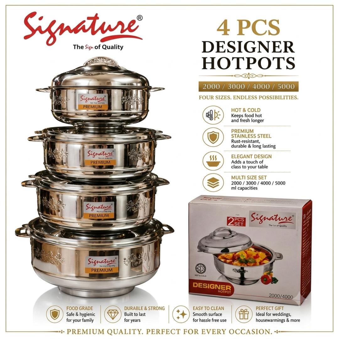 Signature 4pcs Designer hotpots stainless steel insulated hotpots elegant hotpots for keeping food hot & cold and fresh 2000ml, 3000ml, 4000ml and 5000ml capacity