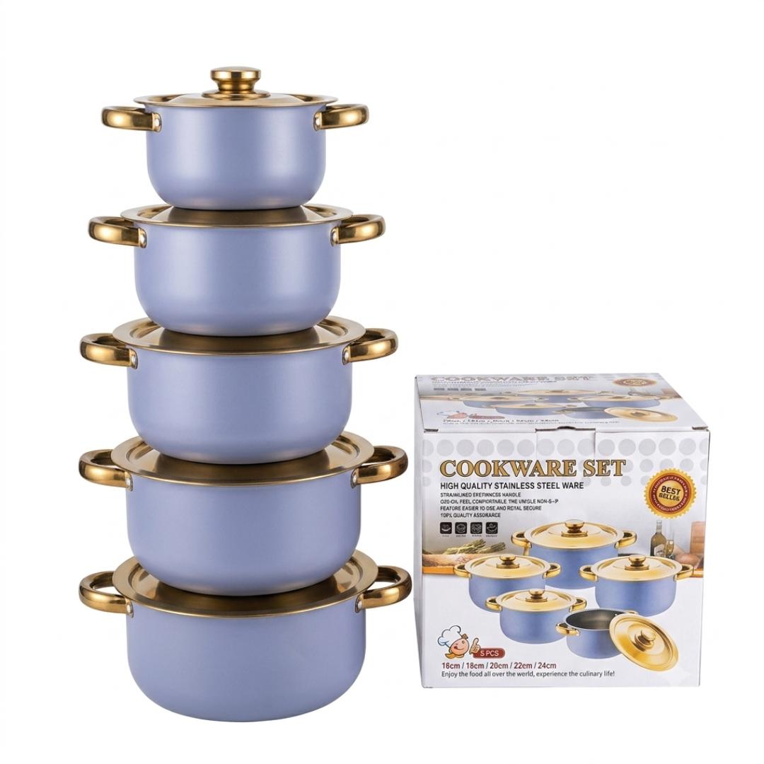 5pcs stainless steel cookware set with stainless steel lids with ergonomic handles, light weight cookware set suitable for induction, electric and gas cooking sizes 16cm,18cm, 20cm, 22cm and 24cm