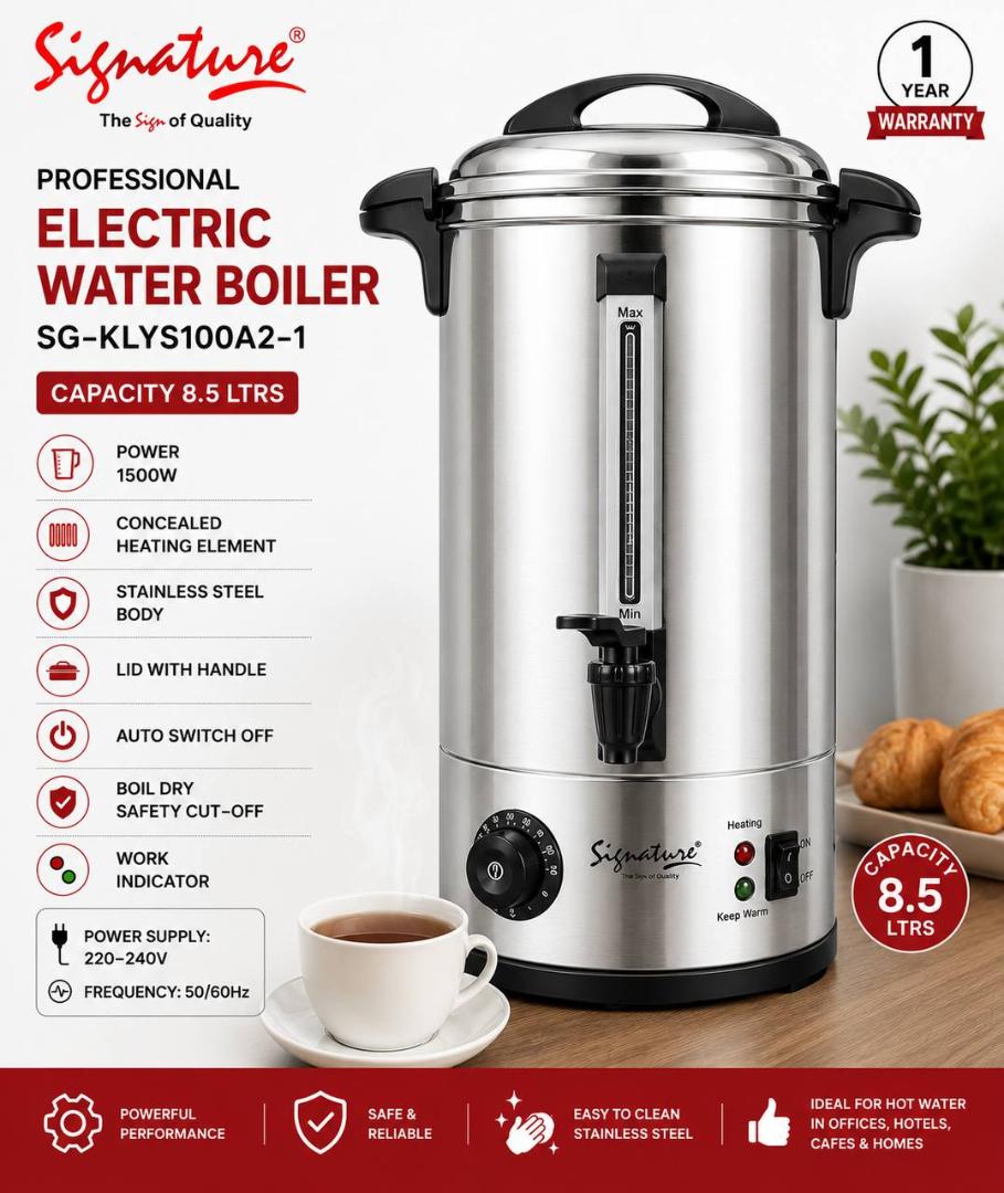 Signature Electric water boiler / Electric tea urn / Electric kettle / hot water dispenser / milk boiler 8.5L with concealed heating element, Stainless steel body and auto switch off 1500W