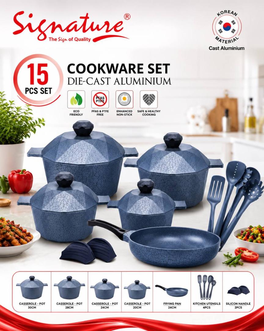 Signature 15pcs Die cast Aluminium cookware set Diamond shaped cookware set 20cm,24cm,28cm and 30cm pots ,24cm frying pan, 4pcs kitchen utensils and 2pcs silicone handles