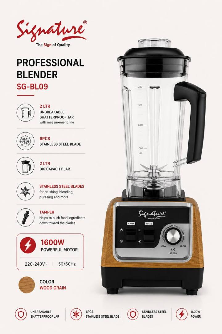 Signature commercial blender SG-BL09 with 2L unbreakable jar and 1600W powerful motor suitable for uji power