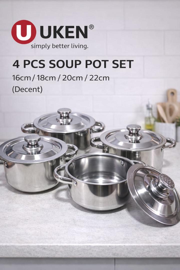 Uken 4pcs stainless steel soup pots / hotpots / serveware cookware set with lids sizes 16cm,18cm,20cm,22cm
