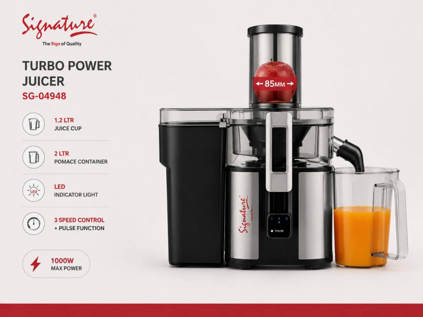Signature SG-04948 Turbo power juicer / Juice extractor with 1.2L juicer cup and 2L pulp collector 1000W powerful motor and stainless steel knives