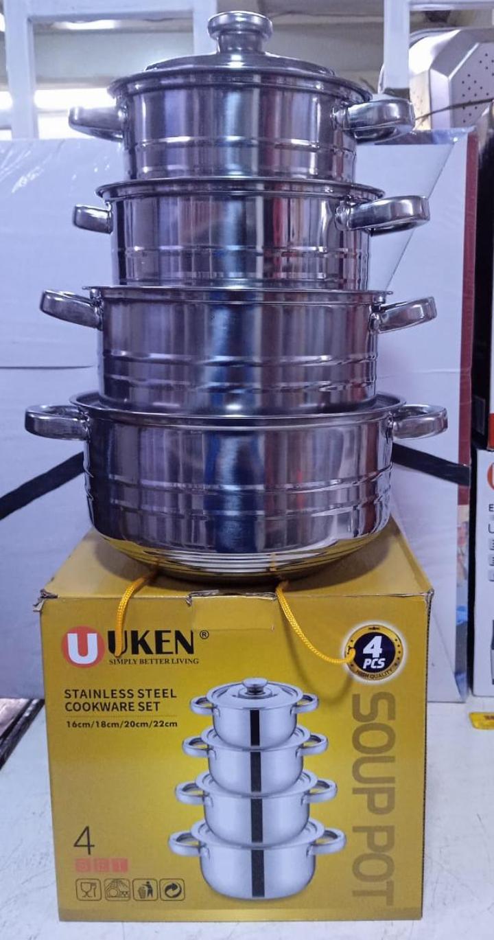 Uken 4pcs stainless steel soup pots / hotpots / serveware cookware set with lids sizes 16cm,18cm,20cm,22cm