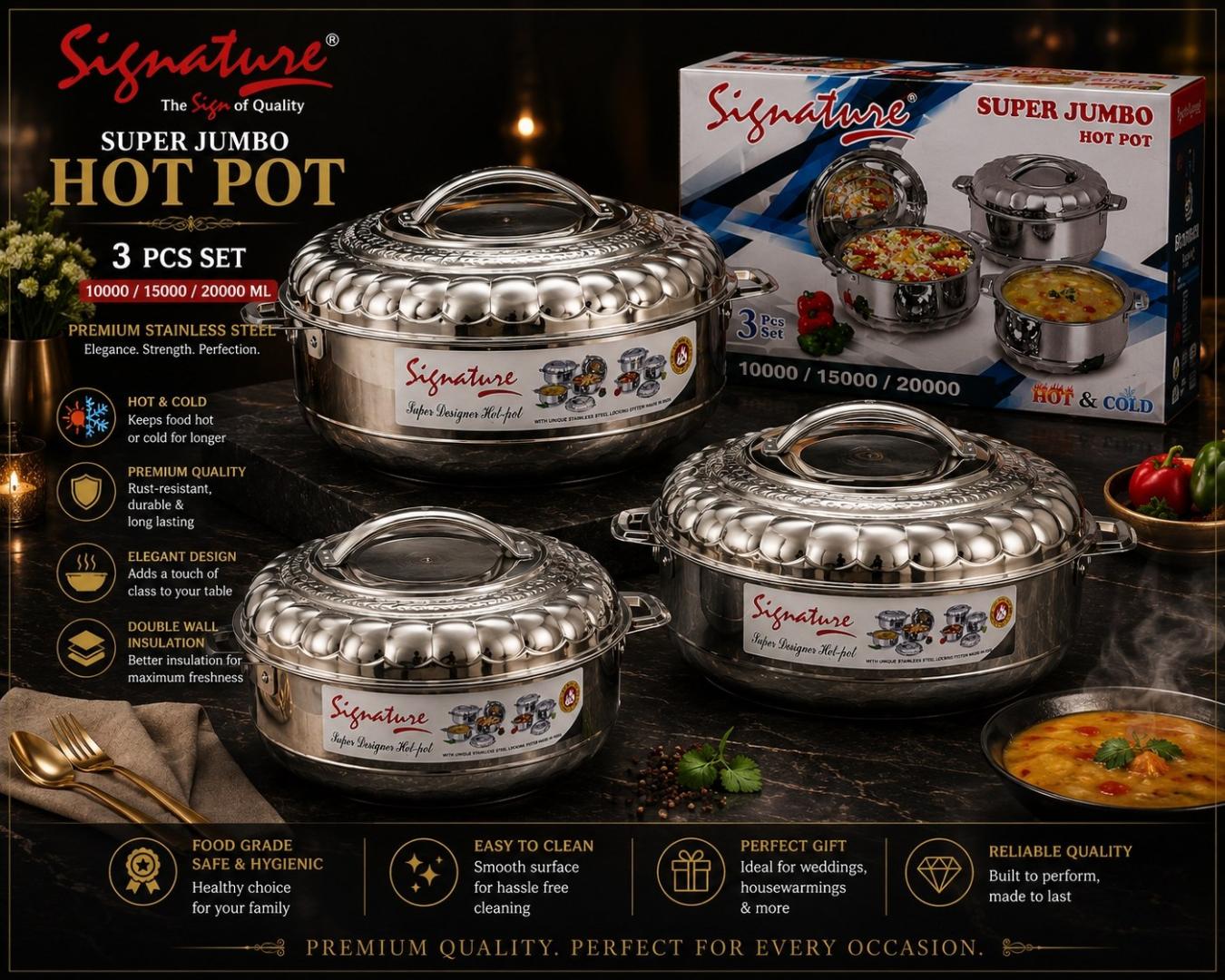 Signature Super Jumbo Hotpots – 3 PCS Set Stainless steel insulated hotpots 10000ml, 15000ml and 20000ml capacity