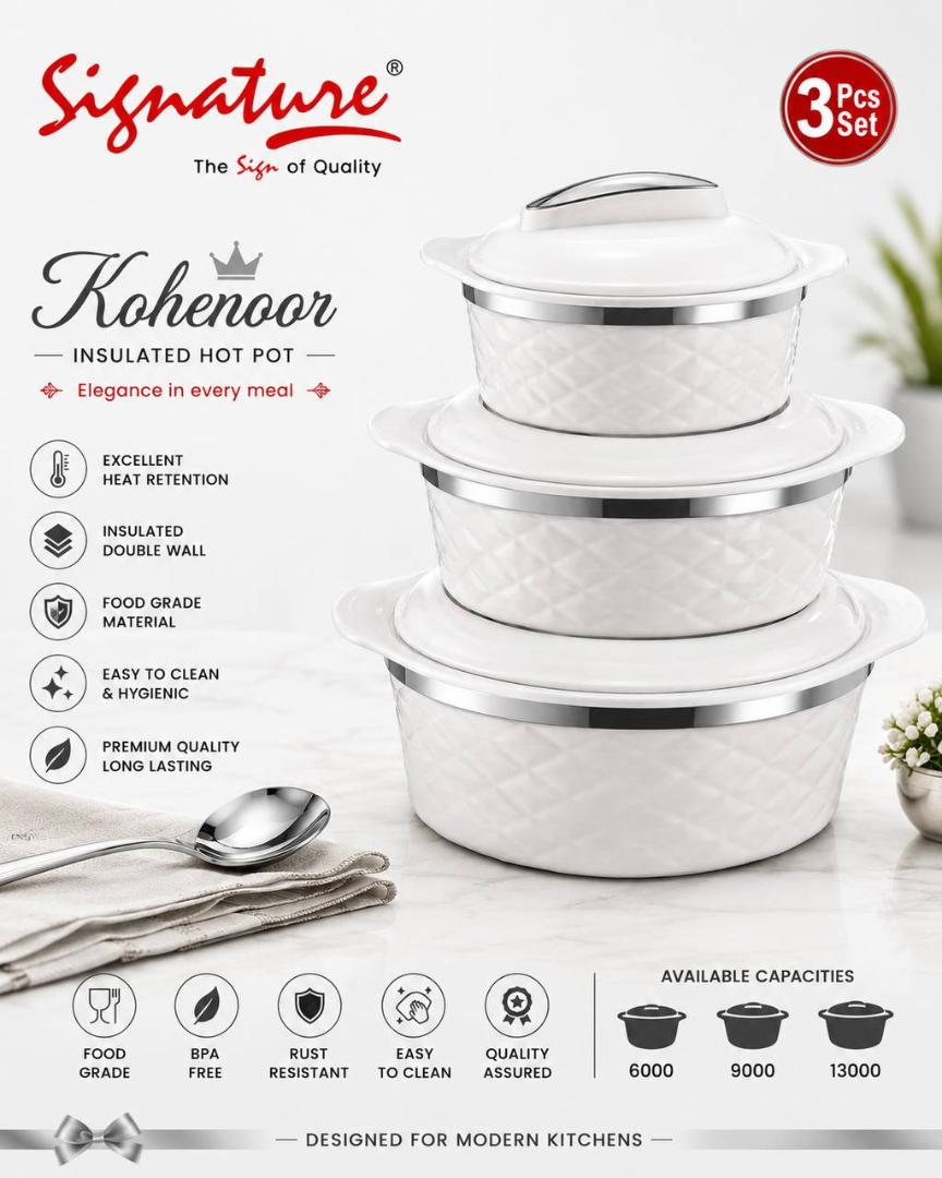 Signature Kohenoor Insulated Hot Pots – 3 PCS Set double wall insulated hotpots with excellent heat retention 6000ml, 9000ml and 13000ml capacity