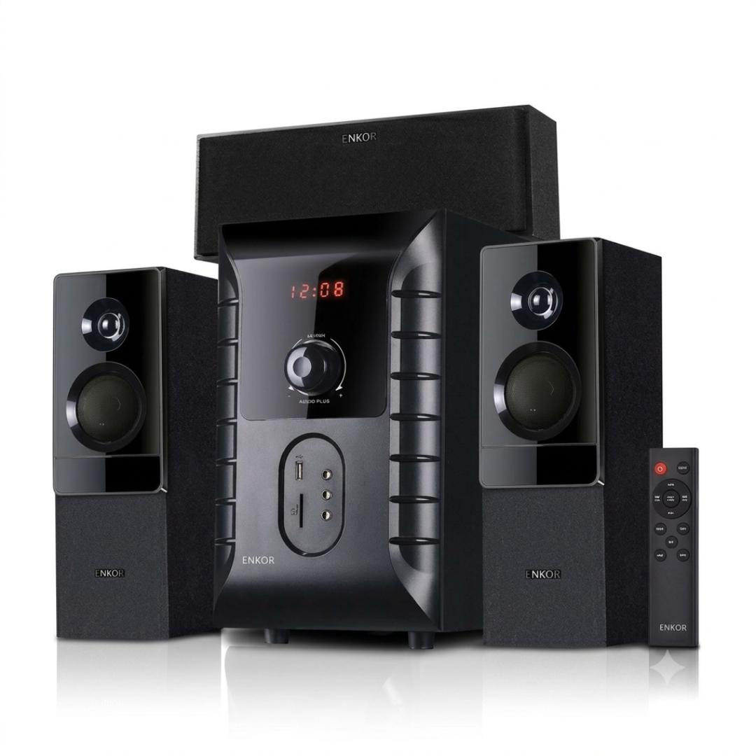 Enkor EK3160 3.1CH Multimedia Subwoofer speaker system AC/DC with Bluetooth FM radio USB port Auxiliary and remote control 8000W PMPO