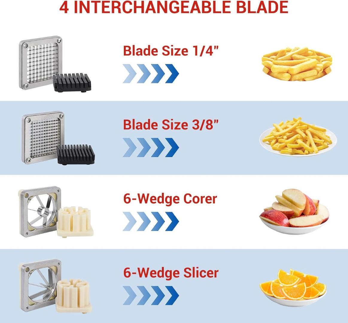 Home and Commercial chips cutter / French Fry Cutter /  Vegetable Fruit Chopper with 4 Replacement Blades Stainless Steel Vegetable slicer / Dicer Fruit Slicer for Onion Potato Carrot Tomatoes  etc