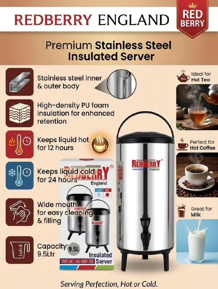 Redberry 9.5L premium stainless steel insulated water jug / water dispenser / tea urn / thermal flask / food flask / portable tea urn for keeping beverages hot or cold for long