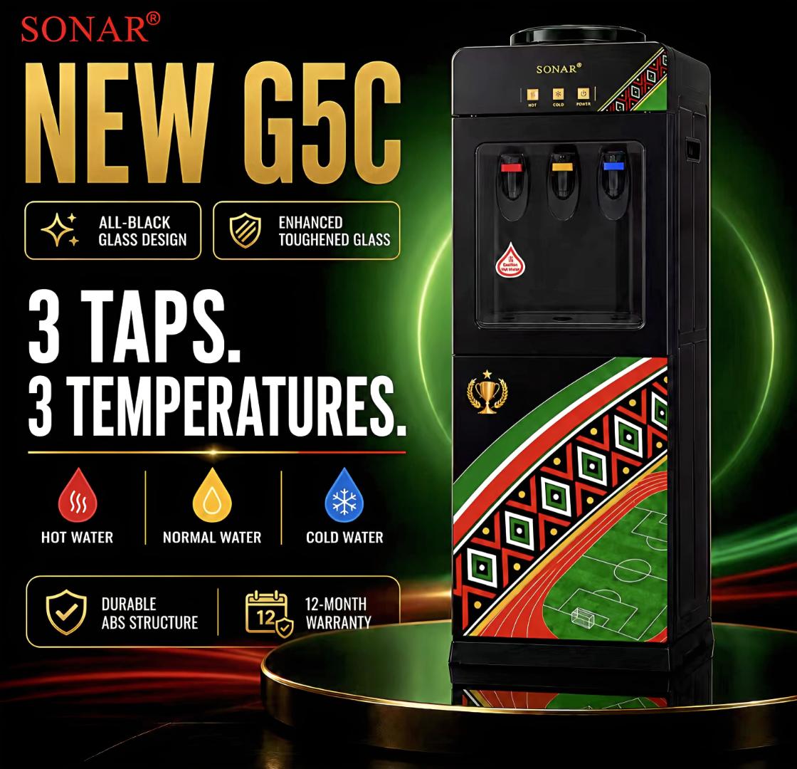 Sonar G5C 3 taps water dispenser with hot cold and normal functions all black glass design Sonar water dispenser