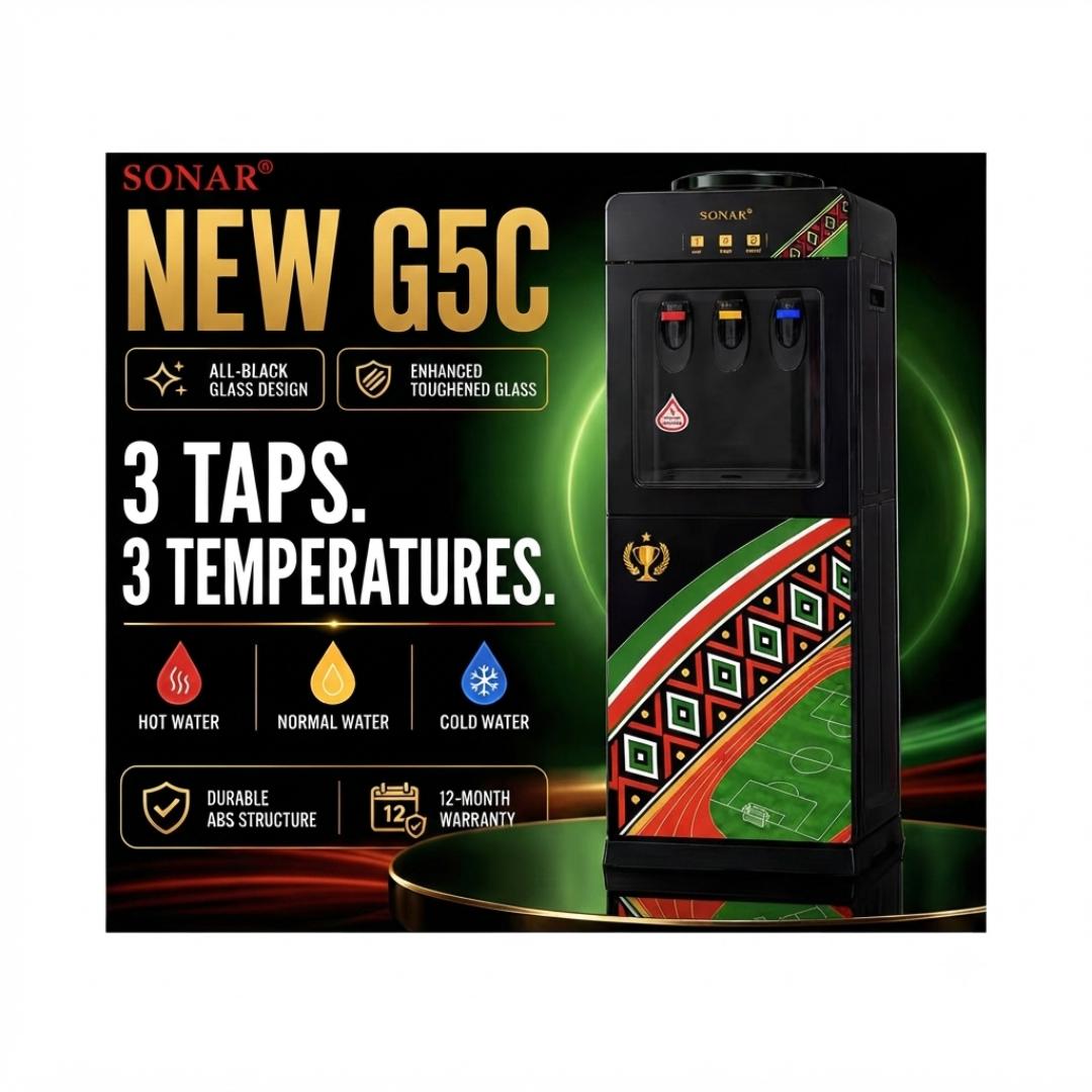Sonar G5C 3 taps water dispenser with hot cold and normal functions all black glass design Sonar water dispenser