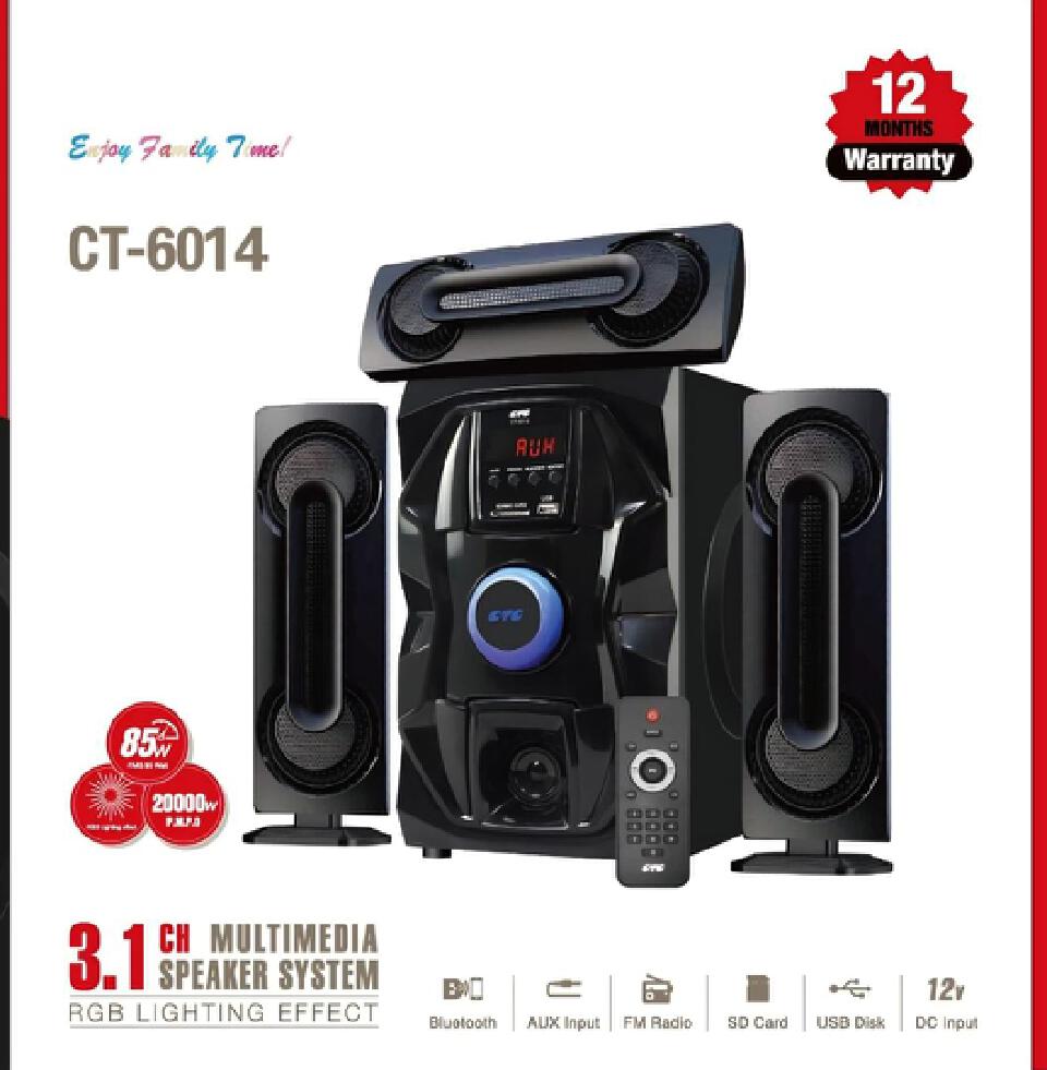 CTC CT-6014 3.1CH Subwoofer speaker system with colourful lighting effect with FM radio, Bluetooth, USB port , Auxiliary and remote control 20000W PMPO 12V DC input