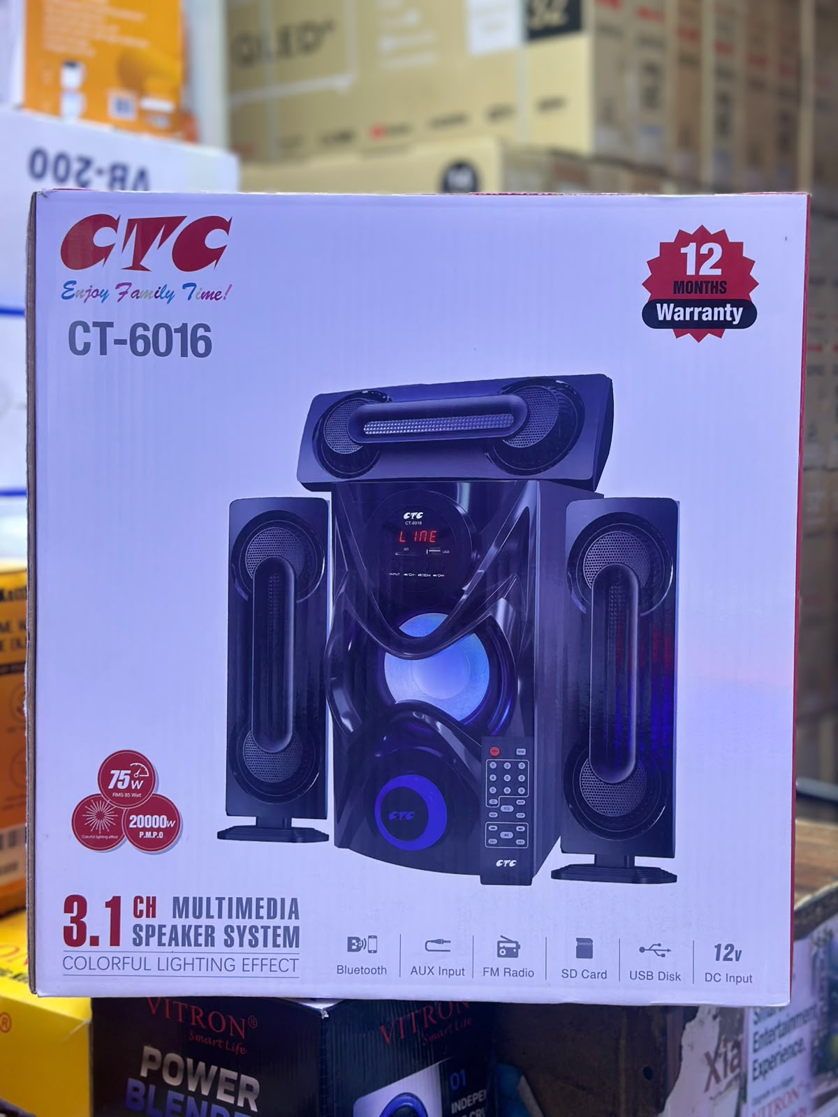 CTC CT-6016 3.1CH Subwoofer speaker system with colourful lighting effect with FM radio, Bluetooth, USB port , Auxiliary and remote control 20000W PMPO 12V DC input