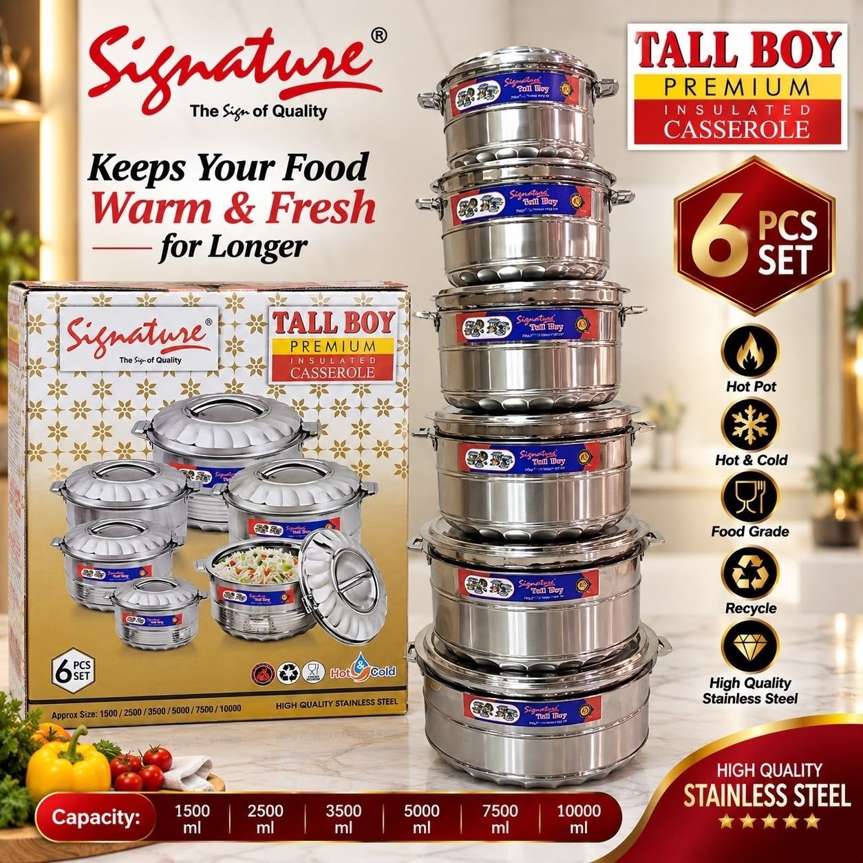 Signature 6pcs Stainless steel Tallboy premium insulated hotpots set casserole with capacity 1500ml, 2500ml, 3500ml, 5000ml, 7500ml and 10000ml. 6pcs tall boy Signature hotpots set
