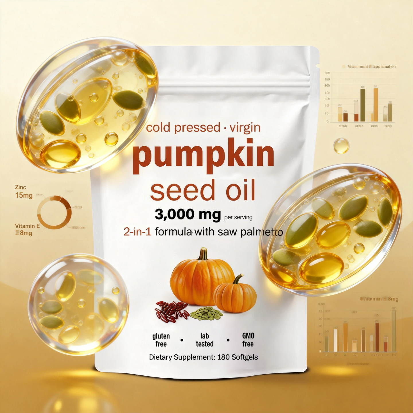 PUMPKIN SEED OIL + SAW PALMETTO – PROSTATE & URINARY SUPPORT, HAIR GROWTH, HORMONAL BALANCE, DHT BLOCKER FOR MEN & WOMEN (180 SOFTGELS)