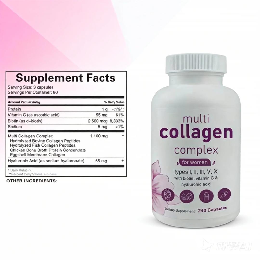 Multi Collagen Complex for Women – Types I, II, III, V, X with Biotin, Vitamin C & Hyaluronic Acid | 240 Capsules | Anti-Aging, Skin, Hair & Joint Support | Dietary Supplement