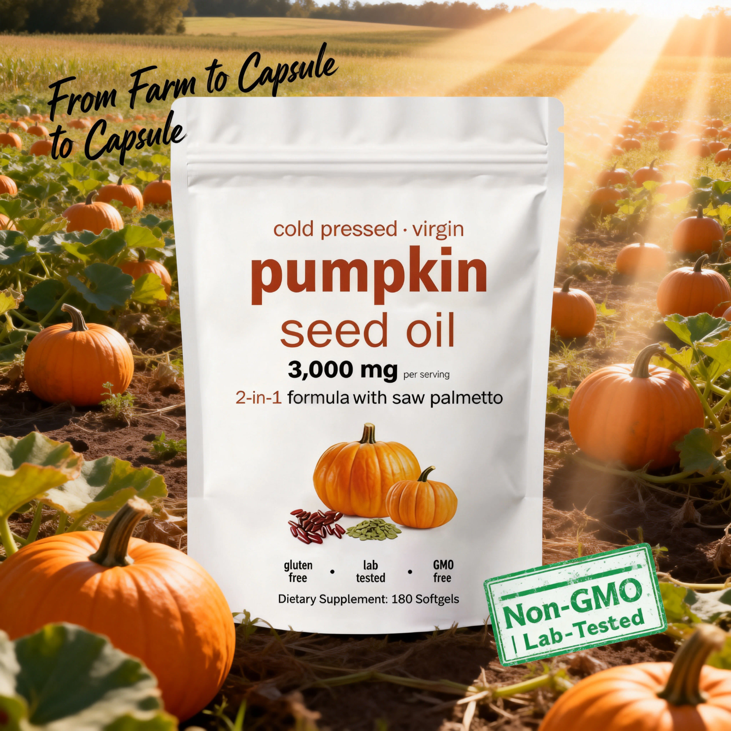 PUMPKIN SEED OIL + SAW PALMETTO – PROSTATE & URINARY SUPPORT, HAIR GROWTH, HORMONAL BALANCE, DHT BLOCKER FOR MEN & WOMEN (180 SOFTGELS)