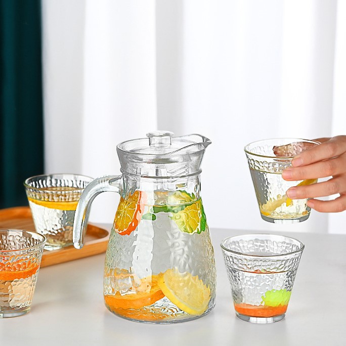 Set of 5pcs High Quality Lead-free Glass Cold Water Kettle and Cup Set 1PC  Glass Kettle 4PCS Cups Set Mixed Drinkware Sets (NO-40020)