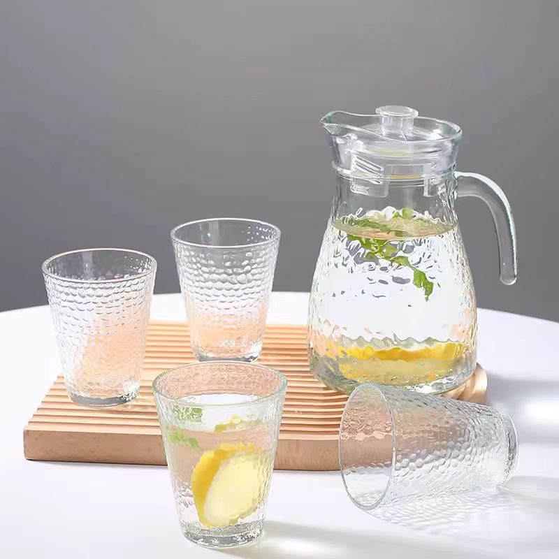 Set of 5pcs High Quality Lead-free Glass Cold Water Kettle and Cup Set 1PC  Glass Kettle 4PCS Cups Set Mixed Drinkware Sets (NO-40020)