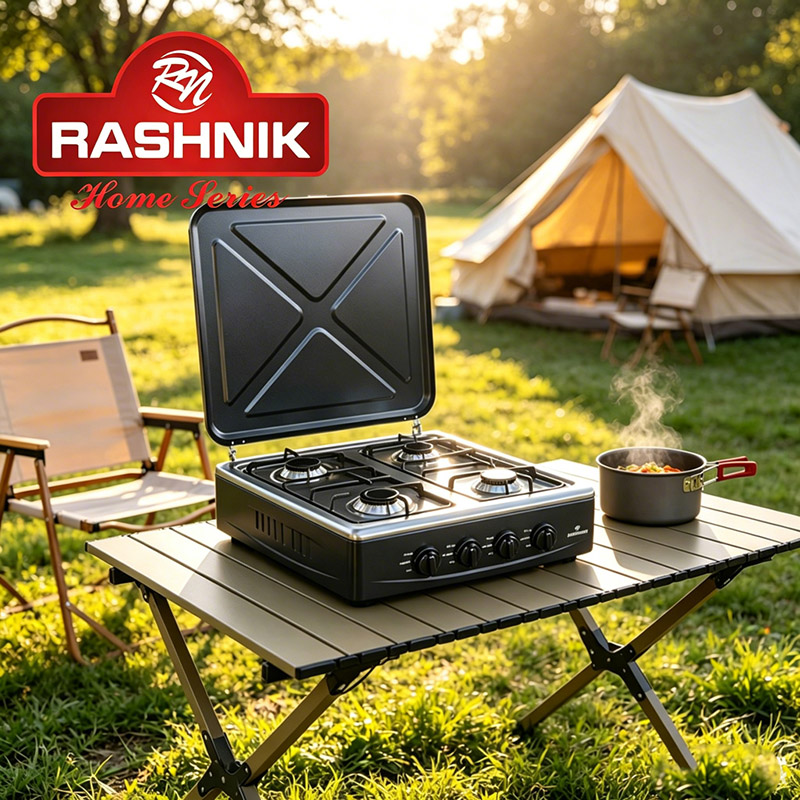 RASHNIK RN-4086 Stainless Steel Deluxe 4 Burner Table Top Gas Cooker Stove  Cooktop Gas Stove with External Protection Cover For Outdoor Usage 6.2 kw Power Can be used with LP Gas