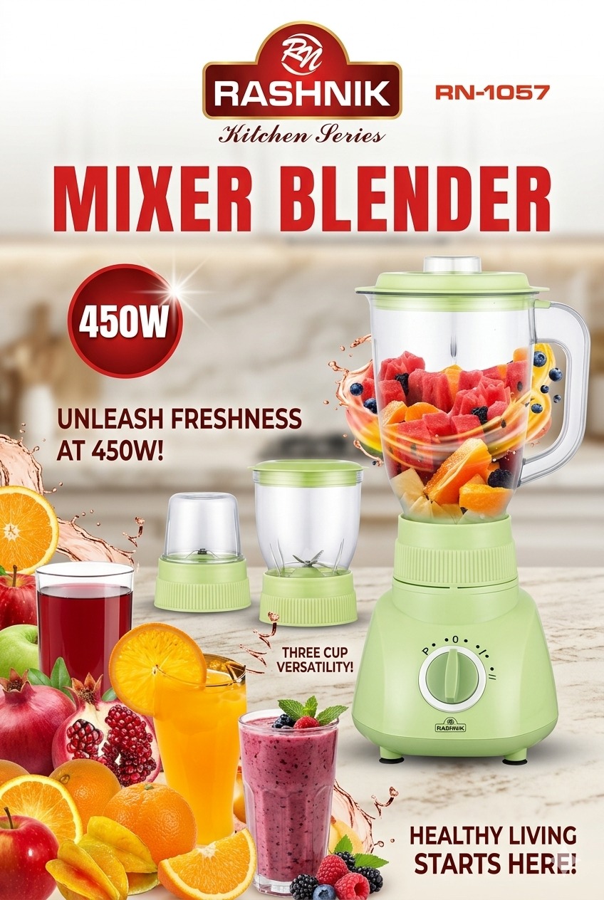 【New Arrival】RASHNIK RN-1057   3 IN 1 Powerful  2 Speed Motor with Pulse Function Mixer Blender   Stainless Steel Blades for Quick Grinding