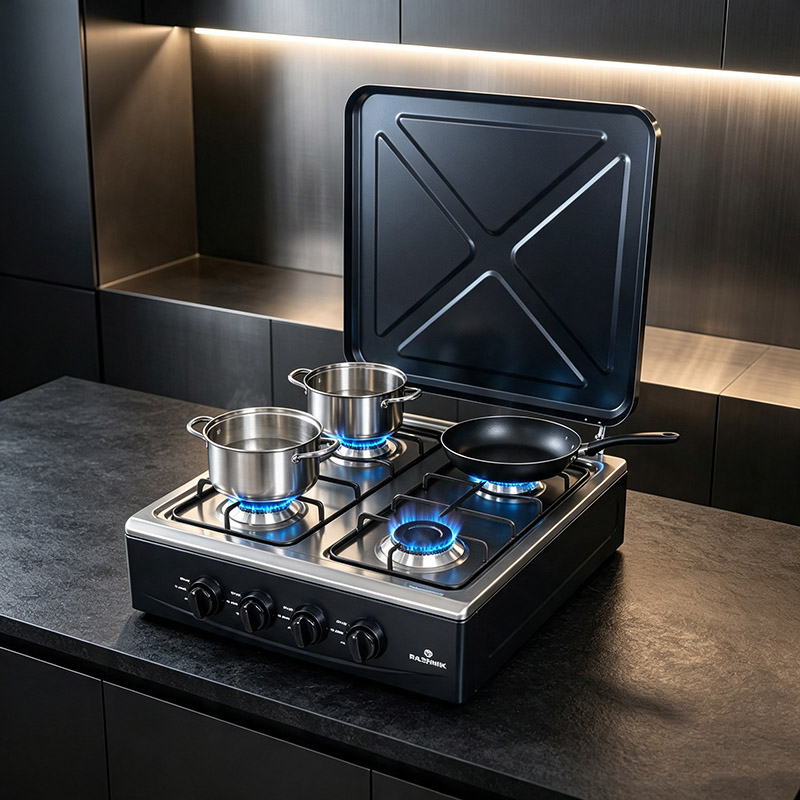 RASHNIK RN-4086 Stainless Steel Deluxe 4 Burner Table Top Gas Cooker Stove  Cooktop Gas Stove with External Protection Cover For Outdoor Usage 6.2 kw Power Can be used with LP Gas