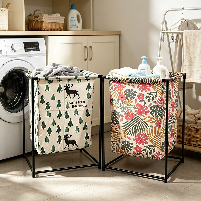 【Random Color】 1PC Foldable Metal Frame Laundry Basket, Large Capacity Waterproof Dirty Clothes Hamper, Detachable Fabric Sundries Storage Bin for Bathroom Bedroom （NO.58007）