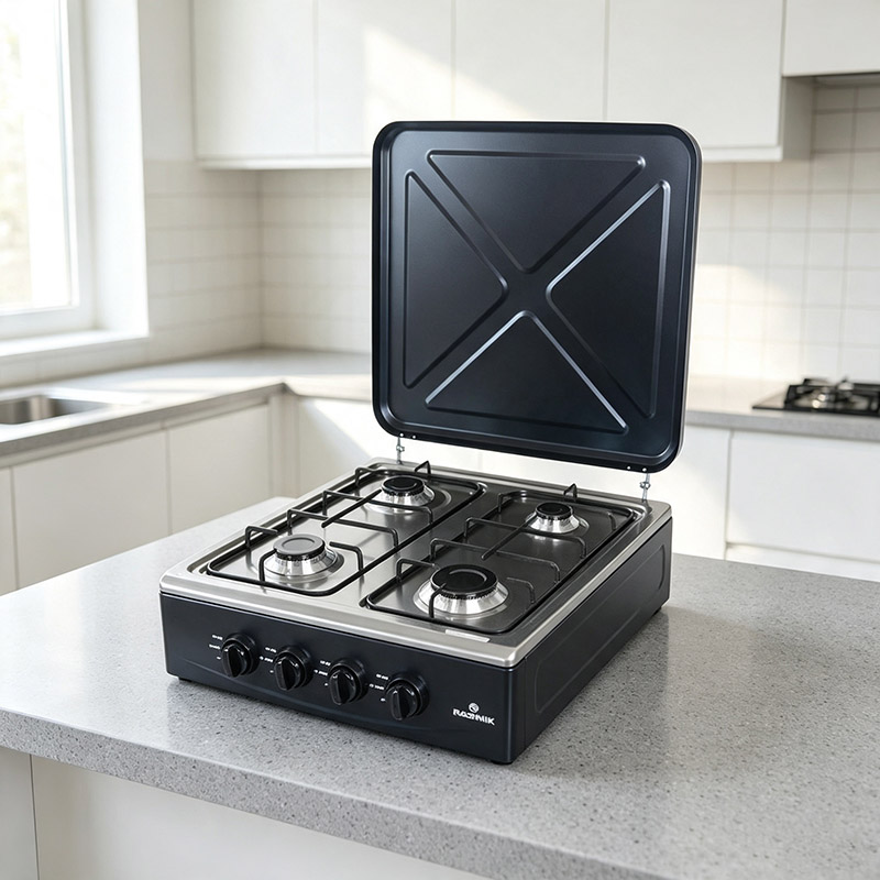 RASHNIK RN-4086 Stainless Steel Deluxe 4 Burner Table Top Gas Cooker Stove  Cooktop Gas Stove with External Protection Cover For Outdoor Usage 6.2 kw Power Can be used with LP Gas