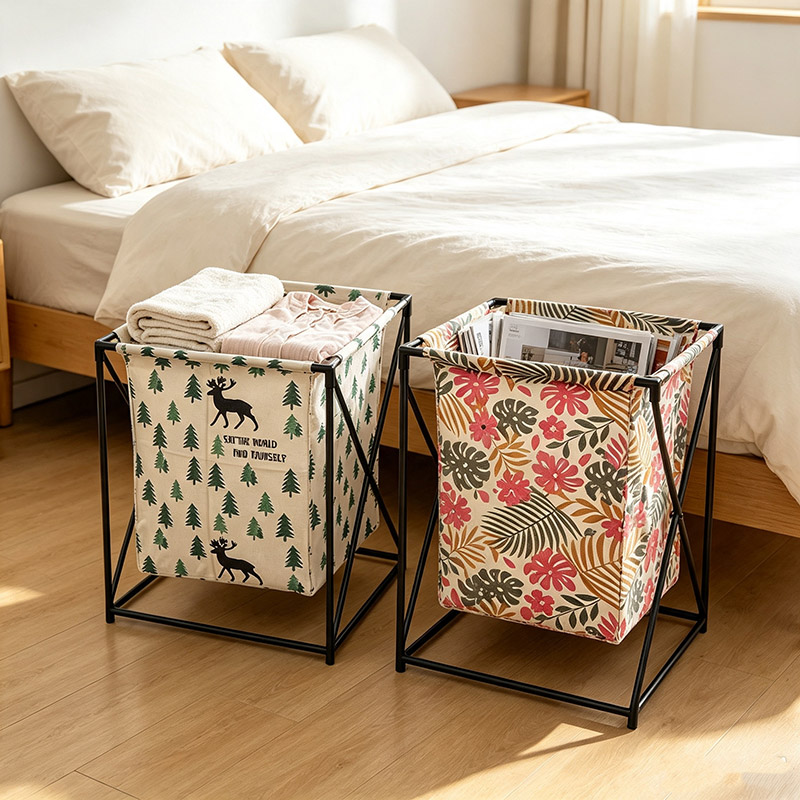 【Random Color】 1PC Foldable Metal Frame Laundry Basket, Large Capacity Waterproof Dirty Clothes Hamper, Detachable Fabric Sundries Storage Bin for Bathroom Bedroom （NO.58007）